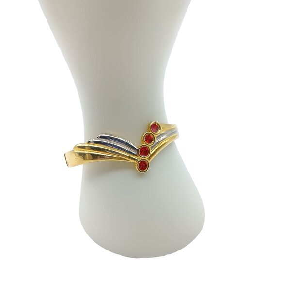 Gold-Tone Clamper Bangle Bracelet with Red & Silver Accents Hinged Closure - Picture 3 of 5